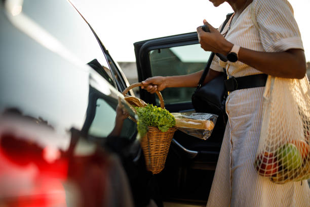 midsection of woman putting a basket with groceries on the back seat of her car - car car door green part of imagens e fotografias de stock