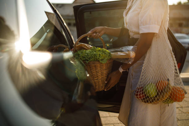close up shot of woman loading a basket with groceries on the back seat of her car - car car door green part of imagens e fotografias de stock