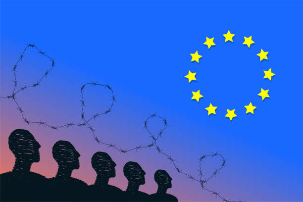 A silhouette of people with barbed wire over them and a sign of EU. A metaphor of visa restrictions for Russians to enter the European Union. vector art illustration