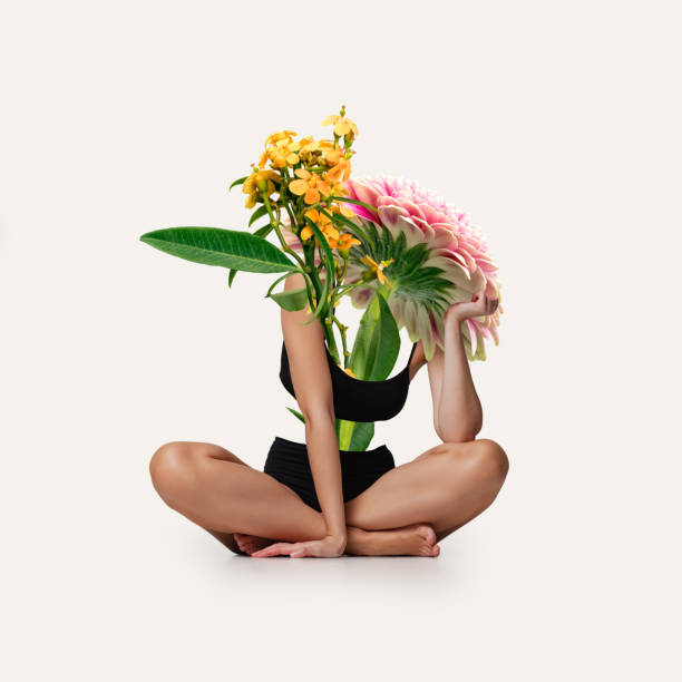 Youth, fresh and charm. Creative artwork with beautiful slim woman's body with blossom flowers instead head. Concept of beauty, ecology, mood, grace, tenderness, ads. Modern design for poster, picture