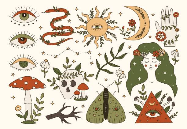 illustrations, cliparts, dessins animés et icônes de ensemble vectoriel d’autocollants de forêt mystère psychédélique des années 70 - fairy forest women magic