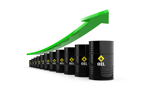 Red barrels of oil on a white bright background. Oil prices inflation. Oil Price rising. Oil Price falling. 3D rendering illustration.
