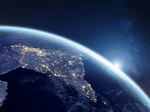 India at night viewed from space with city lights showing activity in Indian cities, Delhi, Mumbai, Bengalore. 3d render of planet Earth. Elements from NASA. Technology, global communication, world. (https://visibleearth.nasa.gov/view.php?id=57752)