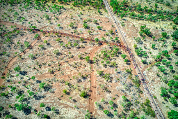 자유의 날 축제 행진의 조감도는 칼카링기 (kalkaringi) 마을 근처의 의식 장소에 도착합니다. - town australia desert remote 뉴스 사진 이미지