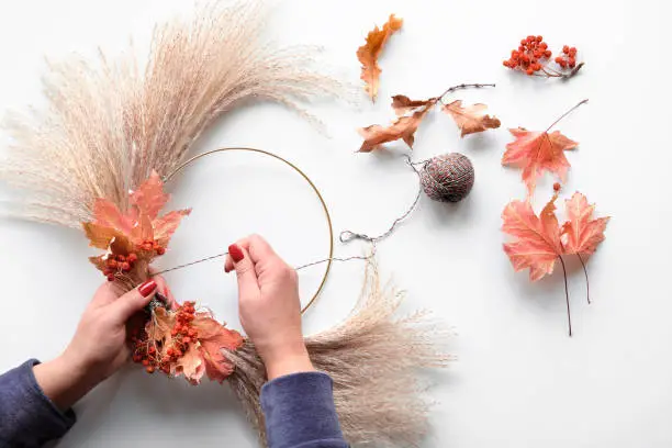 Hands making dried floral wreath from dry pampas grass and Autumn leaves. Hands in sweater with manicured nails tie decorations to metal frame. Flat lay on white table, sunlight with long shadows.