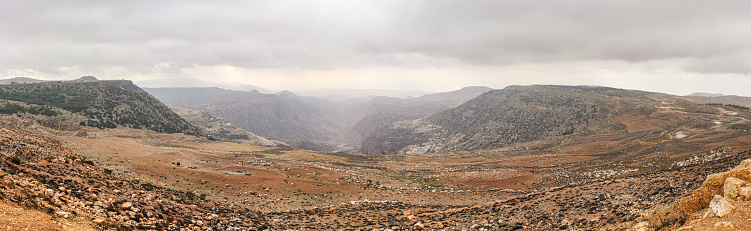Wide panorama of Dana biosphere reserve in Jordan, gray overcast clouds above large canyon
