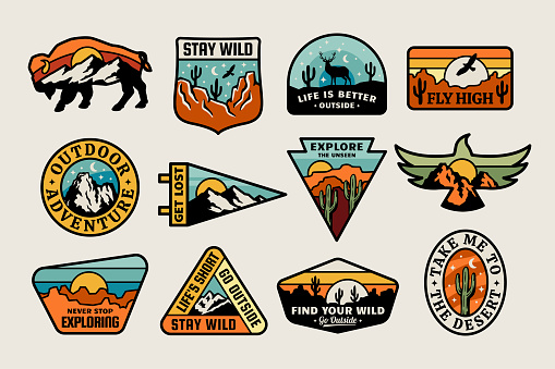 Outdoor adventure vector badge set. Graphics for t shirt prints, stickers, posters and other uses.