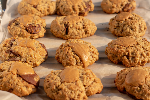 Protein-rich baked oatmeal cookies with chocolate chips and peanut butter, an alternative nutritious breakfast