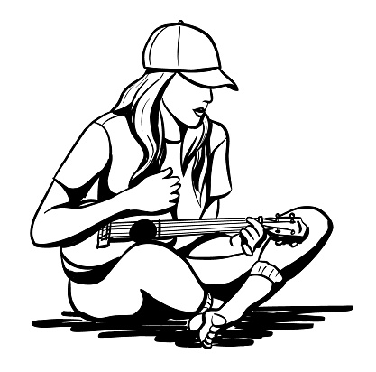 Sketch illustration of a young woman playing the ukulele and singing music