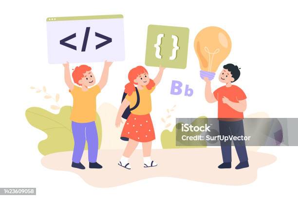 School Kids Having Fun While Learning About Programming Together Stock ...