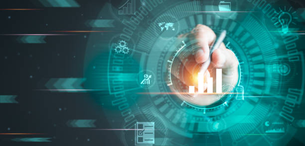 istock Businessman hand holding a pen is analyzing business, future big data analysis technology concept on VR screen, data management and business marketing and financial reports to optimize development. 1423610140