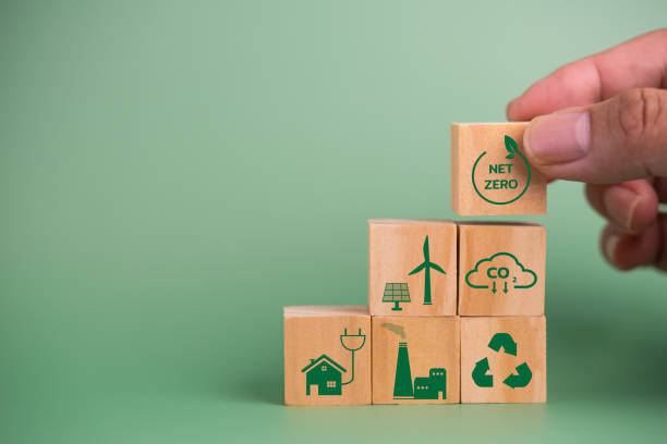 istock wood cube block icon net zero carbon credit and eco energy green technology on green background. 1423611068