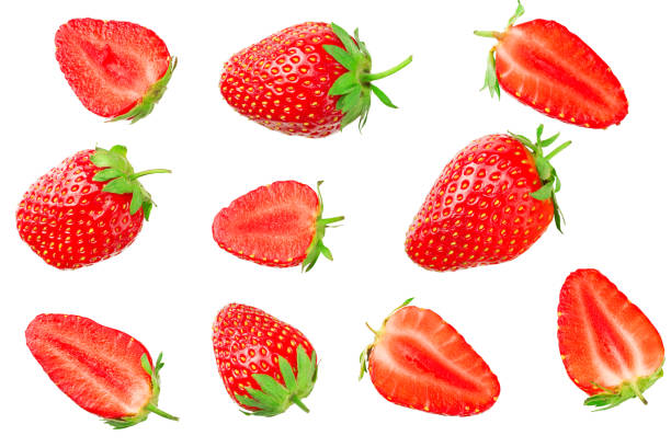 istock Strawberry with sliced strawberry isolated on white background. clipping path. Top view 1423612389
