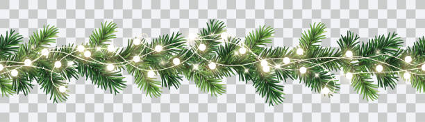 ilustrações, clipart, desenhos animados e ícones de guirlanda de natal decorativa perfeita vetorial com galhos coníferos e corrente de luz brilhante em fundo transparente - guirlanda