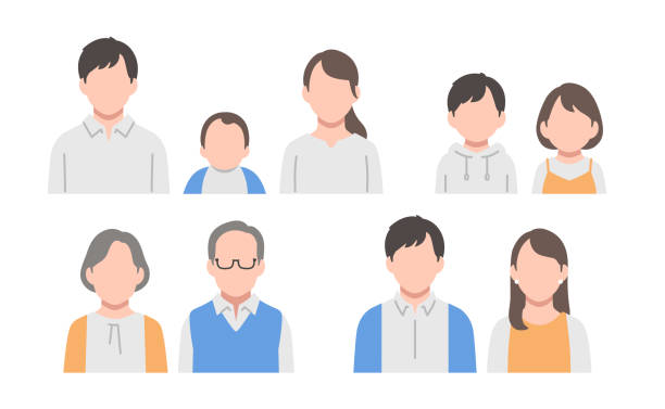 illustrations, cliparts, dessins animés et icônes de no face: ensemble d’icônes de visage simples pour une famille de trois générations - senior couple senior adult senior women grandmother