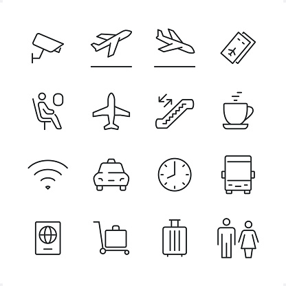 Airport & Travel  icons set #18 

Specification: 16 icons, 64×64 pх, editable stroke weight! Current stroke 2 pt. 

Features: pixel perfect, unicolor, editable stroke weight, thin line. 

First row of  icons contains:
Surveillance, Leaving Airplane, Landing Airplane, Airplane Tickets;

Second row contains: 
Sitting in Airplane, Airplane, Airport ladder, Cafe;

Third row contains: 
Internet, Taxi, Time, Bus; 

Fourth row contains: 
Passport, Luggage Cart, Luggage, Public Restroom.

Complete Cubico collection — https://www.istockphoto.com/uk/collaboration/boards/_R8CZuIXmUiUCIbekezhFA