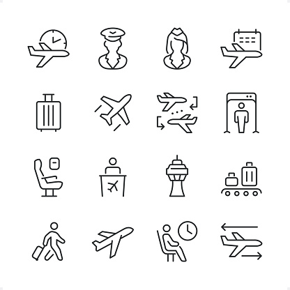 Airport icons set #19 

Specification: 16 icons, 64×64 pх, editable stroke weight! Current stroke 2 pt. 

Features: pixel perfect, unicolor, editable stroke weight, thin line. 

First row of  icons contains:
Flight Time, Pilot, Air Stewardess, Departure date;

Second row contains: 
Luggage, Flying Airplane, Connecting Flight, Security Scanner;

Third row contains: 
Airplane Seat, Airport Check in, Airport Tower, Luggage Tape; 

Fourth row contains: 
Wheeled Luggage, Airplane, Airport Lounge, Flights icon.

Complete Cubico collection — https://www.istockphoto.com/uk/collaboration/boards/_R8CZuIXmUiUCIbekezhFA