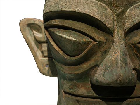 Ancient China Sanxingdui Bronze Mask on White Background