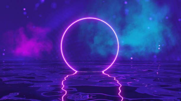 istock Abstract neon circle. Abstract room sci-fi illustration. Neon glow retro 80s background. Retro future 3d illustration. Futuristic background 1423618293
