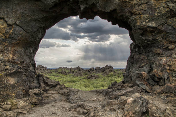 Lava field at Dimmuborgir and remains of a lava lake