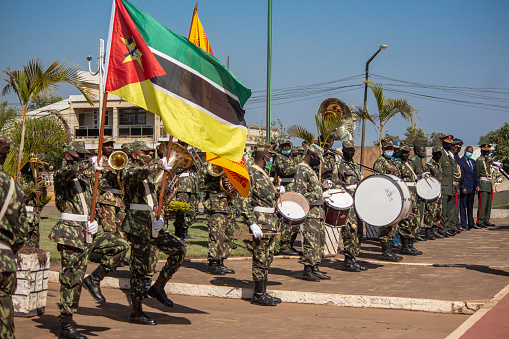 Chimoio, Mozambique - September 25, 2021: Army marching accompanied by the military band