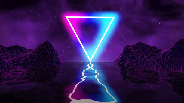 istock Retro futuristic background for game. Music 3d dance galaxy poster. 80s background disco. Space Neon triangle synthwave digital wireframe landscape 1423618917