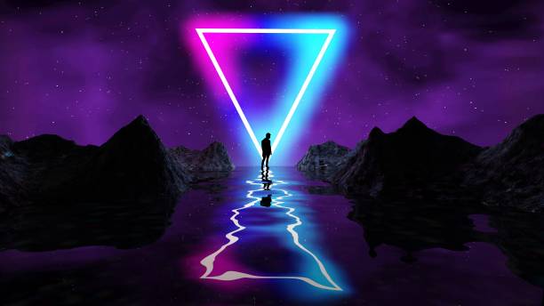 istock Retro futuristic background for game with man silhouette. Music 3d dance galaxy poster. 80s background disco. Neon triangle synthwave digital wireframe landscape 1423618961
