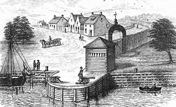 ilustrações de stock, clip art, desenhos animados e ícones de new york east river, water gate, 17th century - east river illustrations