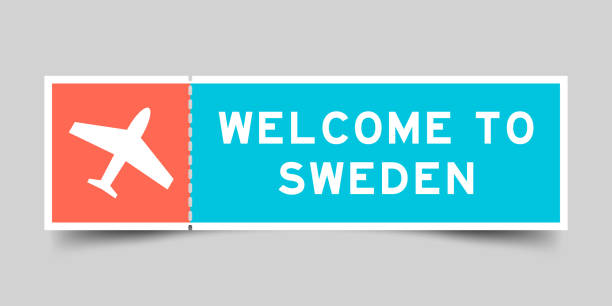 orange und blau farbticket mit flugzeugsymbol und wort willkommen in schweden auf grauem hintergrund - passport sweden customs europe stock-grafiken, -clipart, -cartoons und -symbole