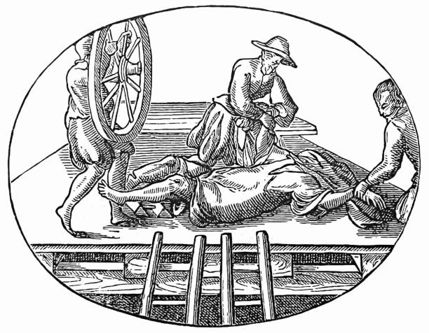 Enforcement of a death sentence by wheel Illustration from 19th century. medieval torture drawings stock illustrations