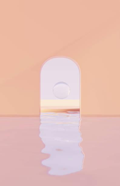 istock 3D rendering Product display podium with water reflection and geometrical forms background. minimal 3d landscape. Cosmetic for Beauty product. 1423620026
