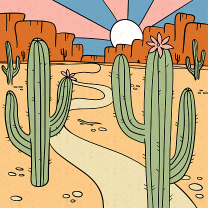 America wild west nature dusty desert landscape with arizona prairie, cactuses and canyon rocks. Outline vector hand drawn illustration background.