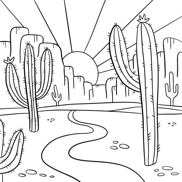 Vector illustration of Coloring page with Arizona Desert landscape. Hand drawn black and white line desert with saguaro and opuntia blooming cactus in front of mountains and sunset. Vector linear illustration.
