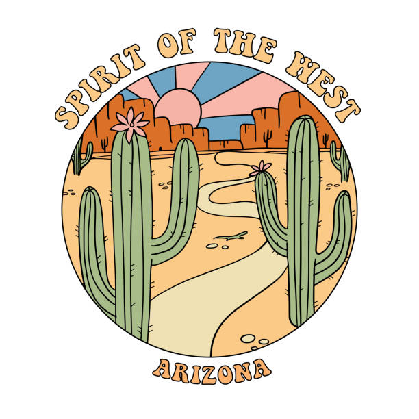 spirit of the west roud badge - grand canyon landscape with mountains, rocks, stones and cactuses. arizona state illustration for sticker or emblem with slogan in retro style. vector illustration. - joshua ağacı illüstrasyonlar stock illustrations
