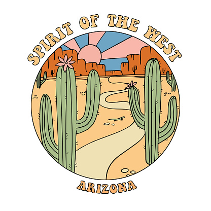 Spirit of the west roud badge - Grand Canyon landscape with mountains, rocks, stones and cactuses. Arizona state illustration for sticker or emblem with slogan in retro style. Vector illustration