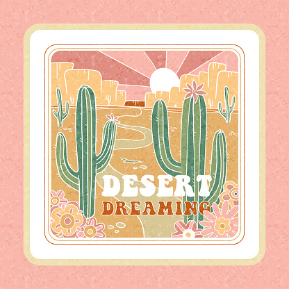 Desert Dreaming Arizona sticker. Arizoma vibes graphic print design for apparel, posters. Outdoor western vintage artwork. Joshua desert t-shirt. Outline vector hand drawn illustration.