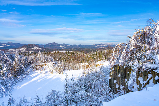 Scenic winter lookout from Klucky basalt quarry. Lusatian Mountains, Czech Republic