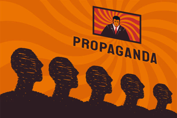 A stylized crowd of people looks at the TV screen, a symbol of propaganda in a totalitarian state. Zombification of citizens, the stupidity of the nation. vector art illustration
