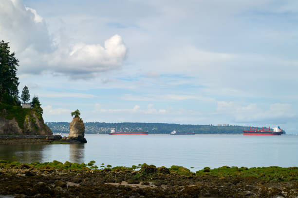 Siwash Rock on the west side of Stanley Park with freighters in English Bay. Vancouver, British Columbia, Canada.