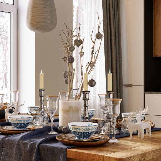 istock Festive dinner decor in a Christmas interior. In blue, white and brown tones. 3d rendering. 1423626888