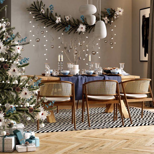 istock Christmas garland. 3d rendering. Modern Christmas interior in blue tones. 1423626891