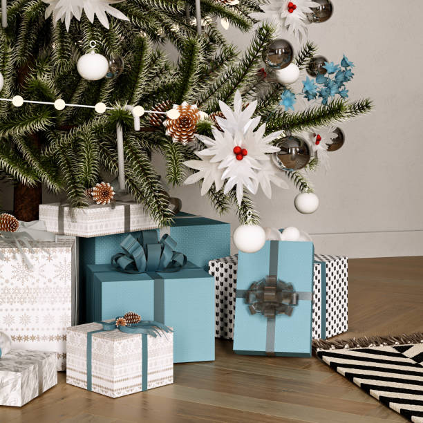 istock Modern Christmas interior in blue tones. 3d rendering. Packed gifts under the Christmas tree. 1423626892