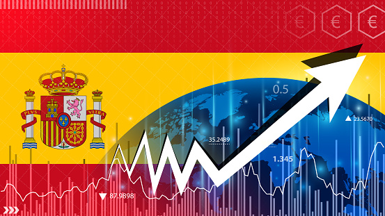 Up arrow in the chart against the background of the Spain flag.