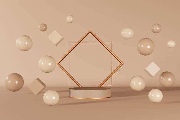istock Neutral beige cube podium stage 3d render. Geometric glossy brown pedestal marketing presentation design composition. 1423628444