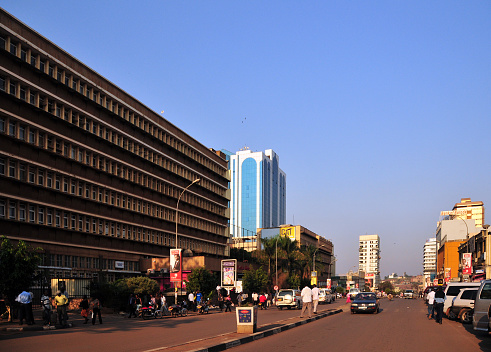 Birds eye view of Kampala downtown with blue sky