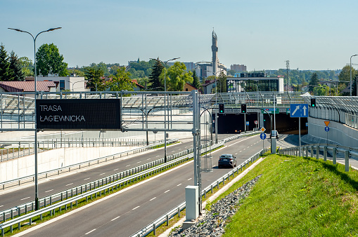 New city highway in Krakow, Poland, called Trasa agiewnicka with tunnels, multilevel junctions and slip roads