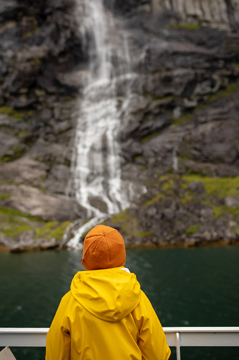 Family, kids and adults and a pet dog, enjoying trip to Geirangerfjord, amazing nature in Norway summertime