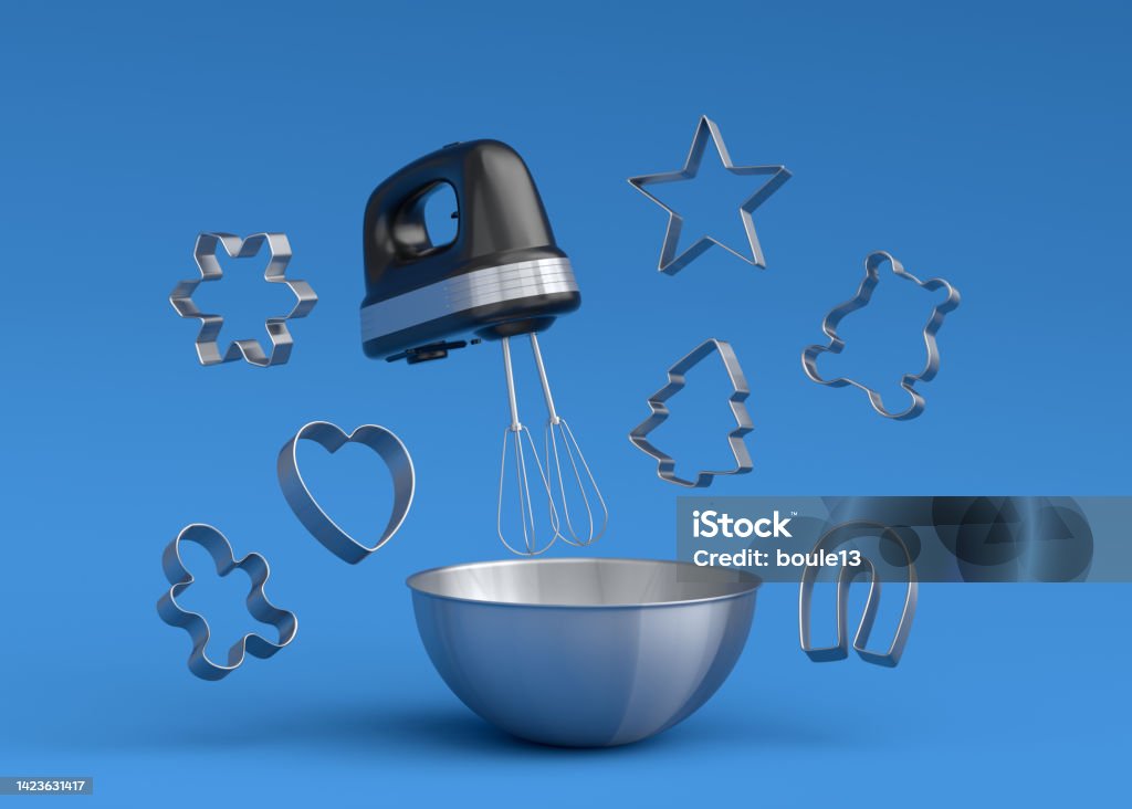 Metal bowl with electric mixer and cookie cutters on blue background Metal bowl with electric mixer kitchen appliance for mixing and blending and cookie cutters on blue background. 3d render of home kitchen tools and accessories for cooking, blending and mixing Baked Pastry Item Stock Photo