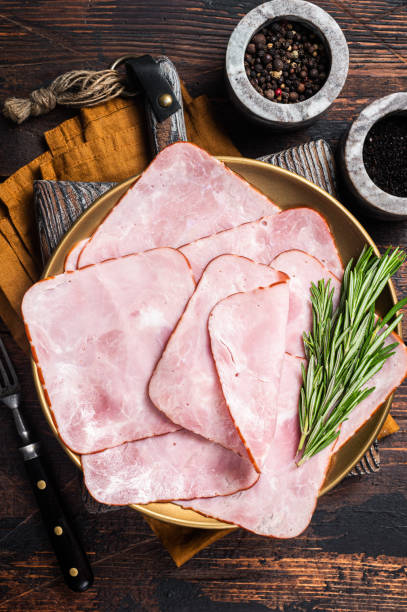 istock Square Sliced pork meat ham on plate. Wooden background. Top view 1423631786