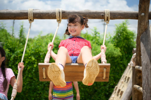 istock Childrens having fun swinging on a swing on a clear day 1423633702